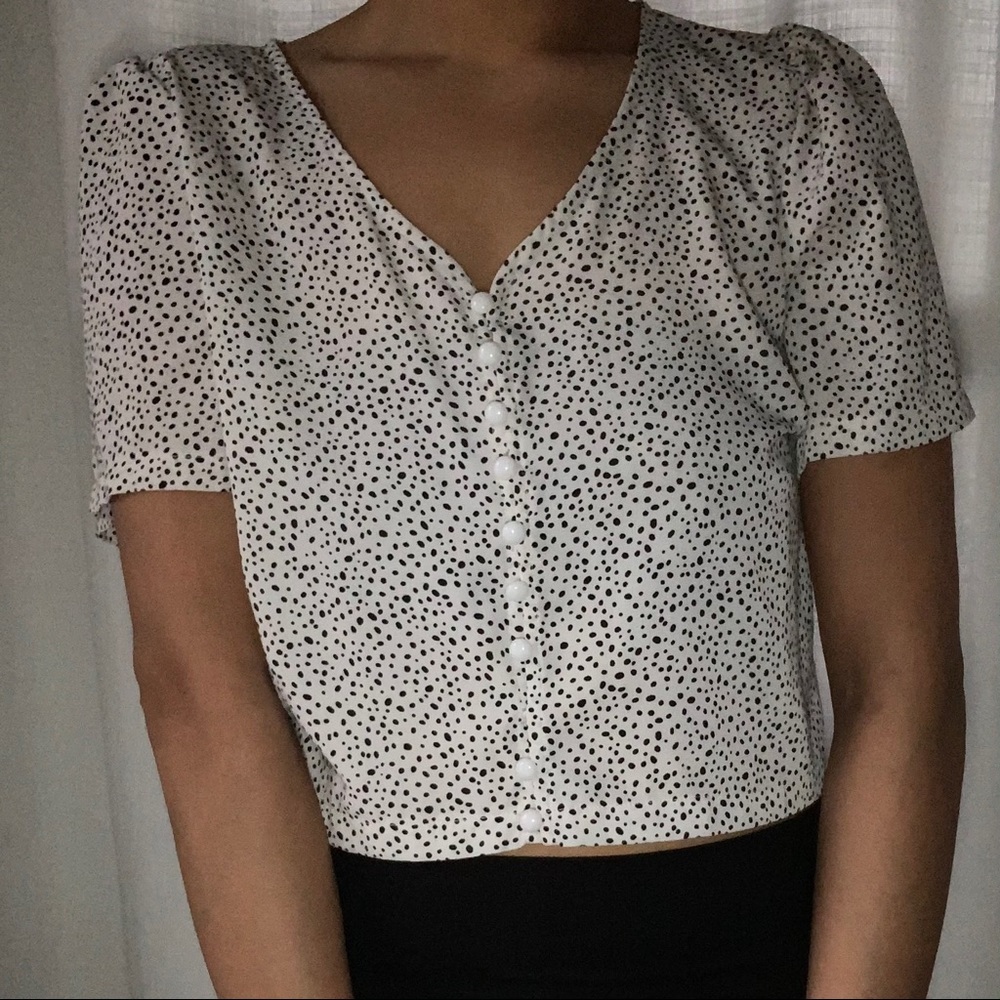 Black and White Button Down Cropped Blouse- Medium